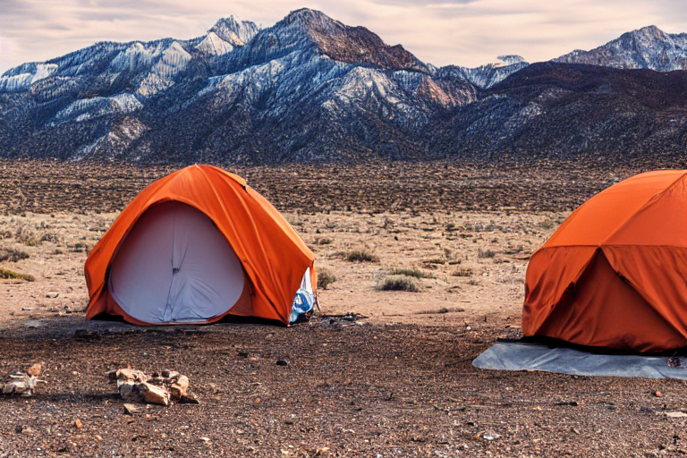 An orange tent rests in a snowy New Mexico desert beneath wide mountain views. A car and white cooler sit nearby, with dry twigs scattered across the ground.