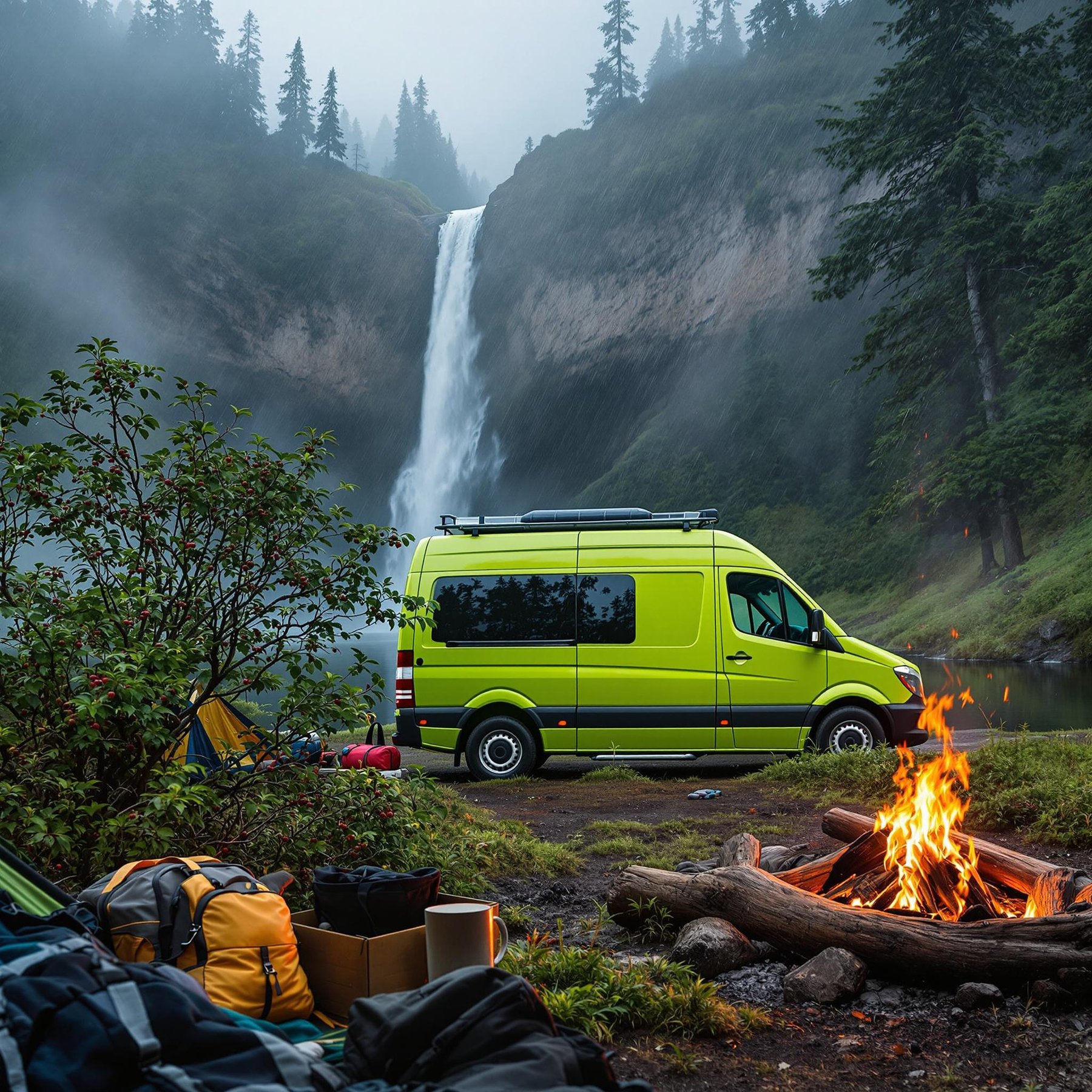 A bright green van is parked by a roaring waterfall in a misty forest. The campfire crackles, adding warmth to the fresh, cool air. It's a perfect spot for an adventurous night under the stars!