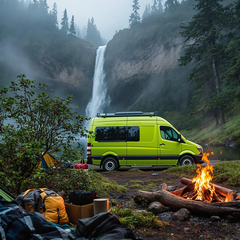 A bright green van is parked by a roaring waterfall in a misty forest. The campfire crackles, adding warmth to the fresh, cool air. It's a perfect spot for an adventurous night under the stars!