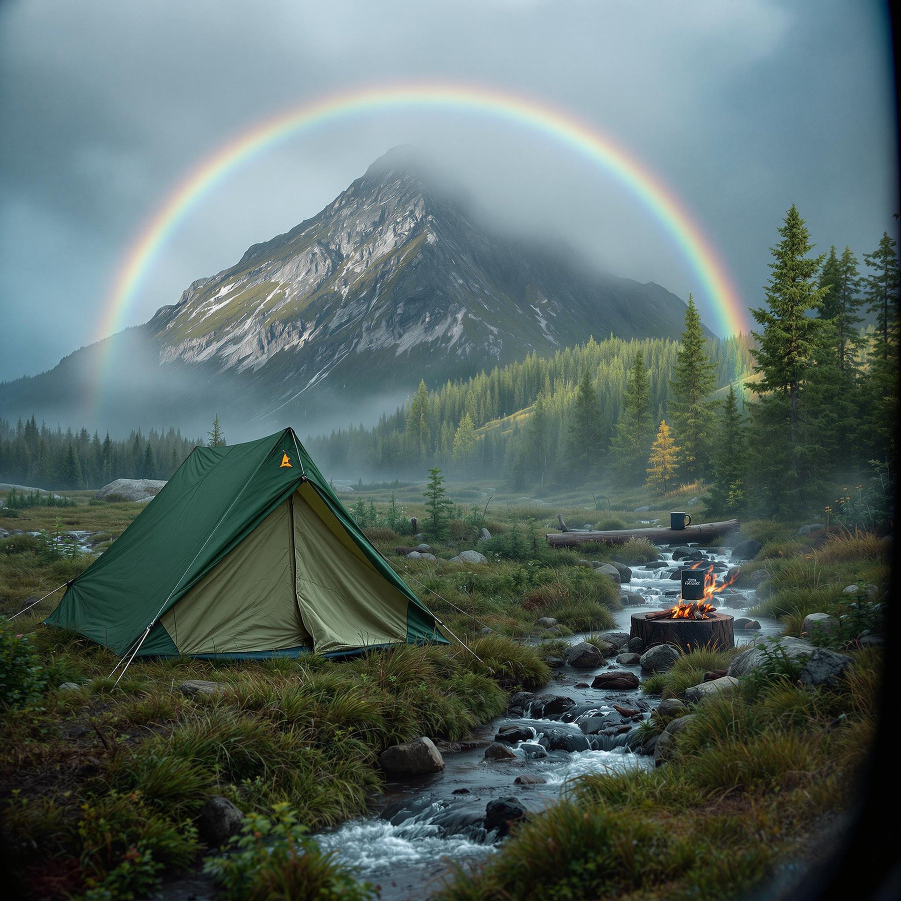 A green tent rests in a misty Norwegian forest beside a bubbling stream. A mug sits on a log near the campfire, while a mountain rises behind the tall grass. Above the campsite, a double rainbow brightens the stormy sky.