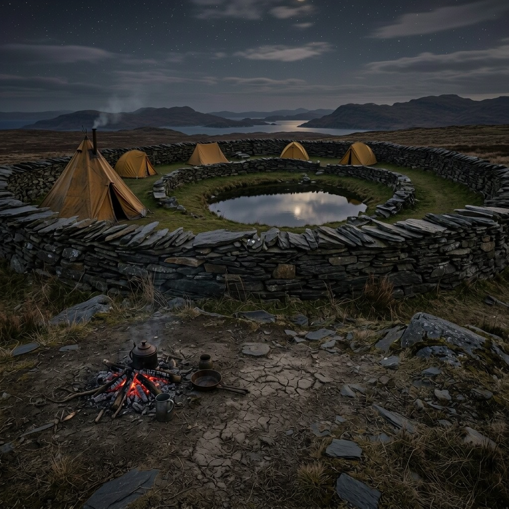 A ground-level view of tents inside a circular slate wall at night. A small fire glows in the foreground, and a pool reflects the cloudy sky.