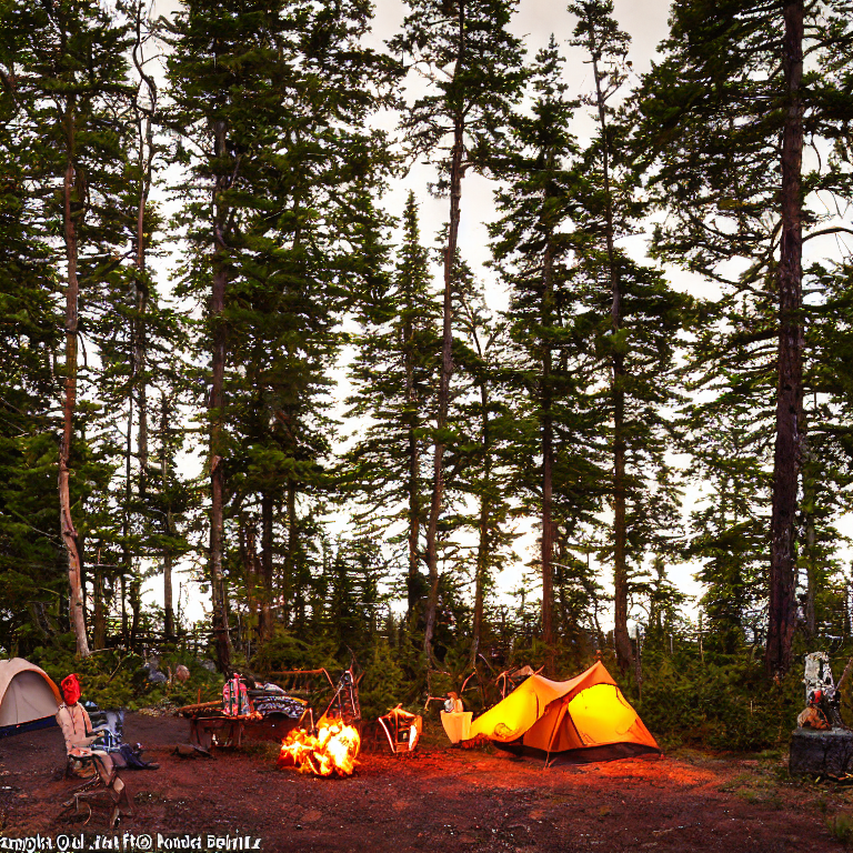 A tan tent rests on a paved campsite in a quiet forest at Isle Royale National Park. A campfire and logs sit on a dirt patch, while clothes sway on a nearby line. Tall trees, berry bushes, and stormy golden light create a cozy wild escape.