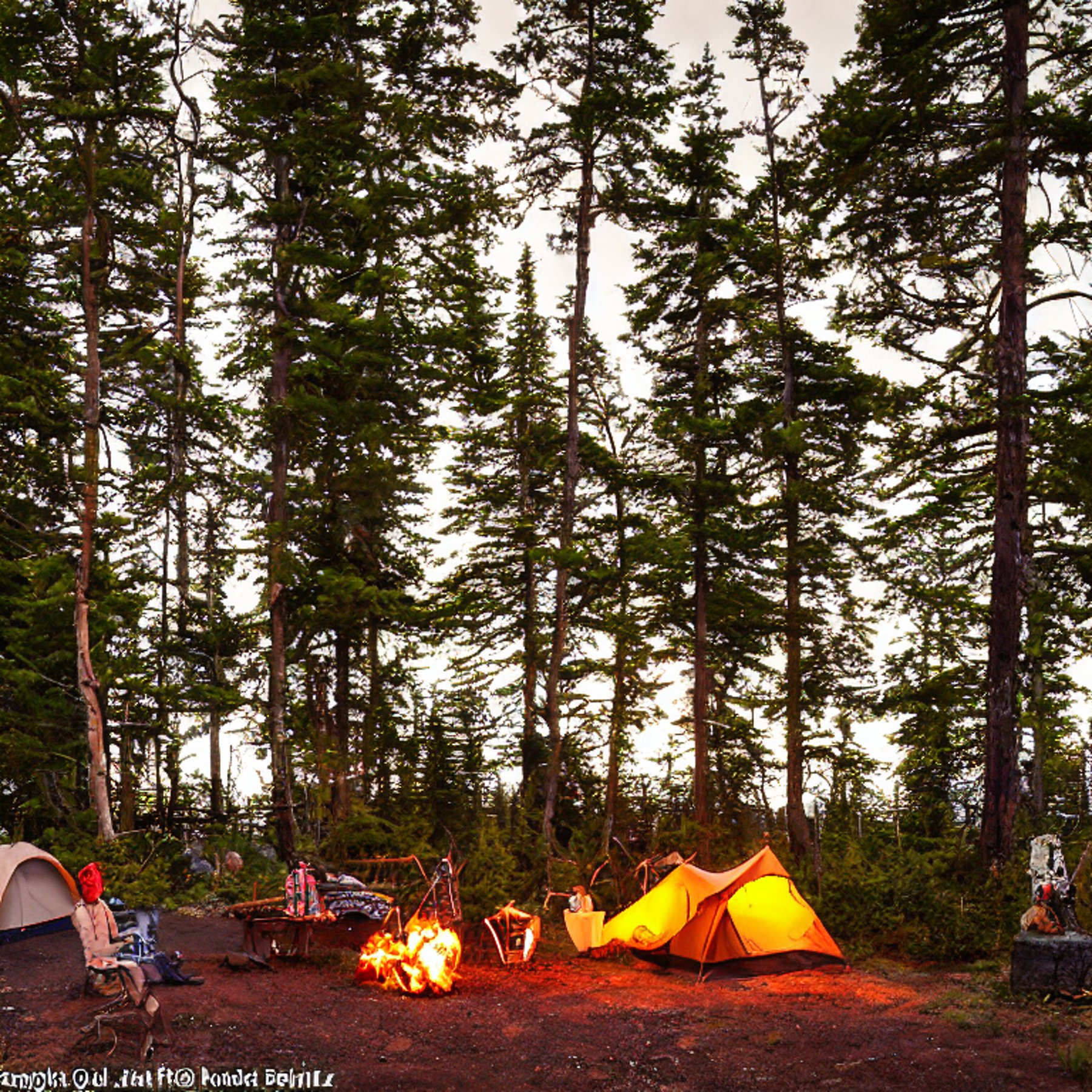 A tan tent rests on a paved campsite in a quiet forest at Isle Royale National Park. A campfire and logs sit on a dirt patch, while clothes sway on a nearby line. Tall trees, berry bushes, and stormy golden light create a cozy wild escape.