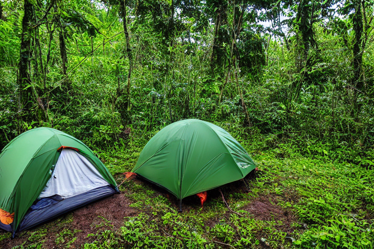 A green tent rests on a quiet dirt campsite as the sun sets over Soufrière, St. Lucia. Hikers gather nearby, with a backpack, fallen leaves, and a large log beside the campfire.