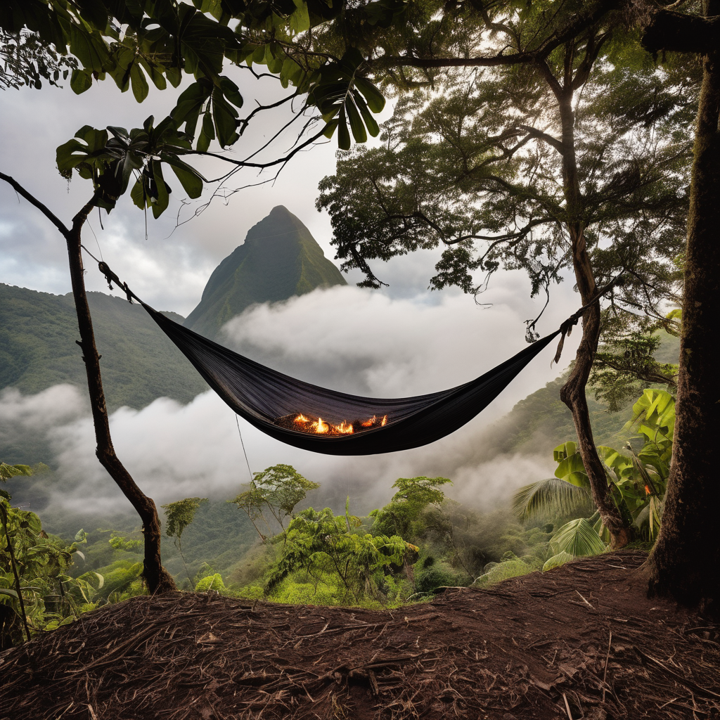 A cozy hammock rests between misty trees in Soufrière, St. Lucia. A warm tent glows nearby, while marshmallows roast over a crackling campfire. Birds, a nest, and a delicate spider web add to the peaceful morning scene.