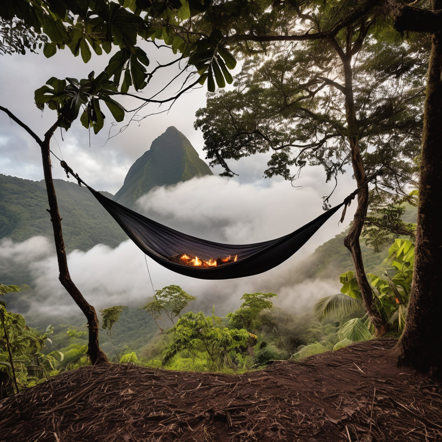 A cozy hammock rests between misty trees in Soufrière, St. Lucia. A warm tent glows nearby, while marshmallows roast over a crackling campfire. Birds, a nest, and a delicate spider web add to the peaceful morning scene.
