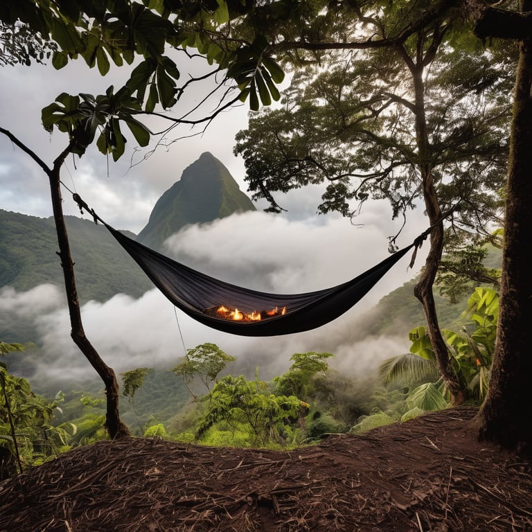 A cozy hammock rests between misty trees in Soufrière, St. Lucia. A warm tent glows nearby, while marshmallows roast over a crackling campfire. Birds, a nest, and a delicate spider web add to the peaceful morning scene.