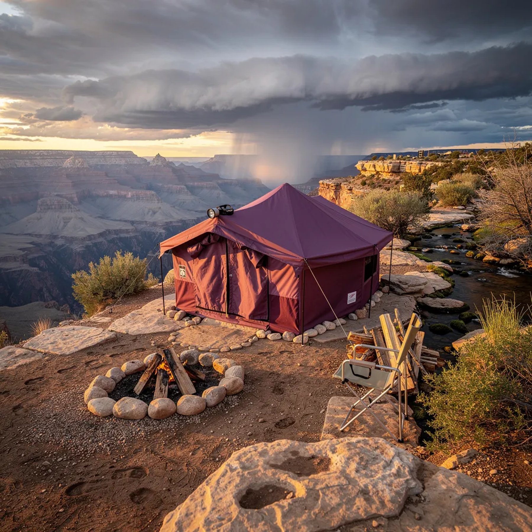 A plum tent sits on a flat rock near the rim, glowing in the warm sunset light. A tiny creek winds through the dusty ground with scrub plants and faint footprints. Nearby, a stone fire ring waits with a neat stack of wood. Far away, the canyon layers fade under big, dark storm clouds.