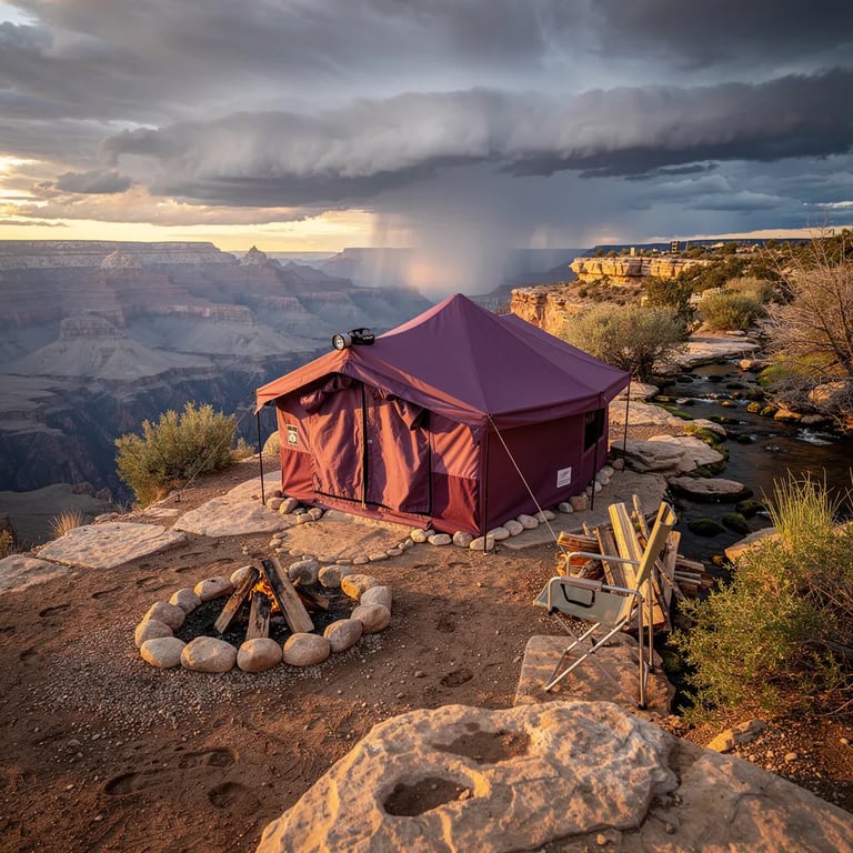 A plum tent sits on a flat rock near the rim, glowing in the warm sunset light. A tiny creek winds through the dusty ground with scrub plants and faint footprints. Nearby, a stone fire ring waits with a neat stack of wood. Far away, the canyon layers fade under big, dark storm clouds.