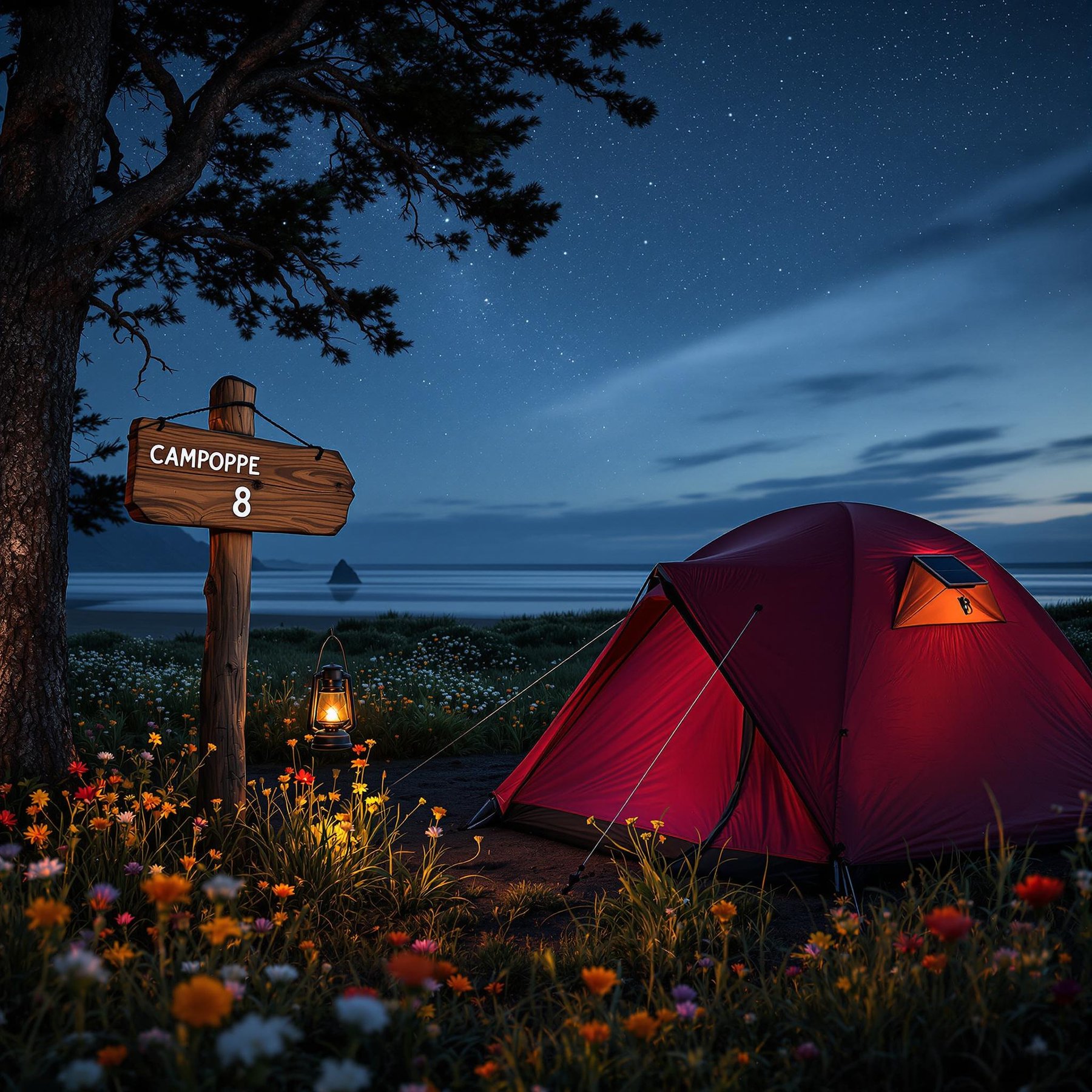 A cozy burgundy tent rests beside the water, surrounded by blooming wildflowers. Lanterns cast a warm glow, while the campsite sign reads “8.” Dark clouds and stars fill the sky, their beauty reflected in the calm water.