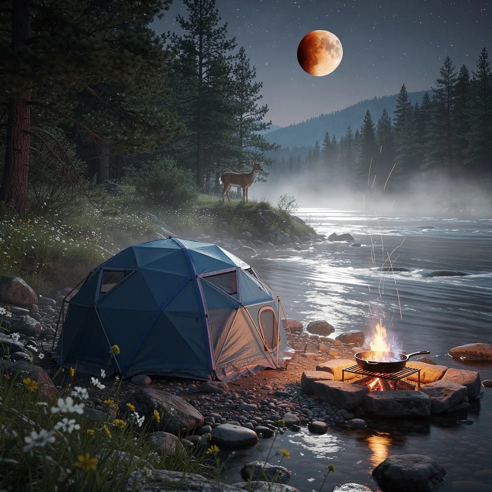 A steel-blue dome tent sits on a rocky riverbank under tall pine trees, with wildflowers in the grass. The moon hangs in the sky with a copper tint from an eclipse, and cool mist drifts over the water. A small campfire crackles beside a skillet, making warm light dance on the rocks. Far away, a deer stands still at the edge of the trees.