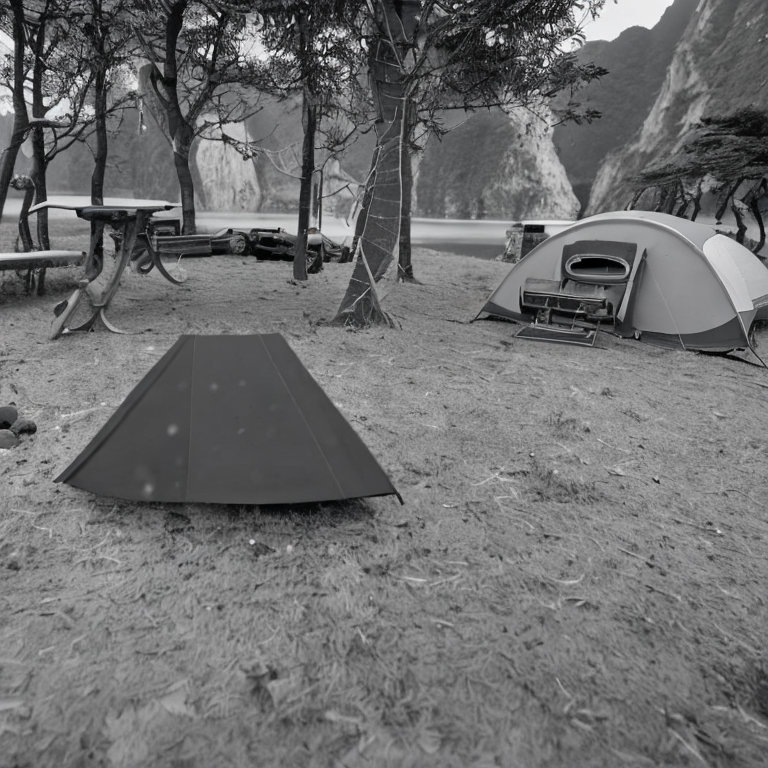 A cozy tent rests on a dirt campsite beneath the snowy night sky of Halong Bay. Overgrown grass surrounds the spot, while a wooden guitar lies nearby and a deer watches from the distance.