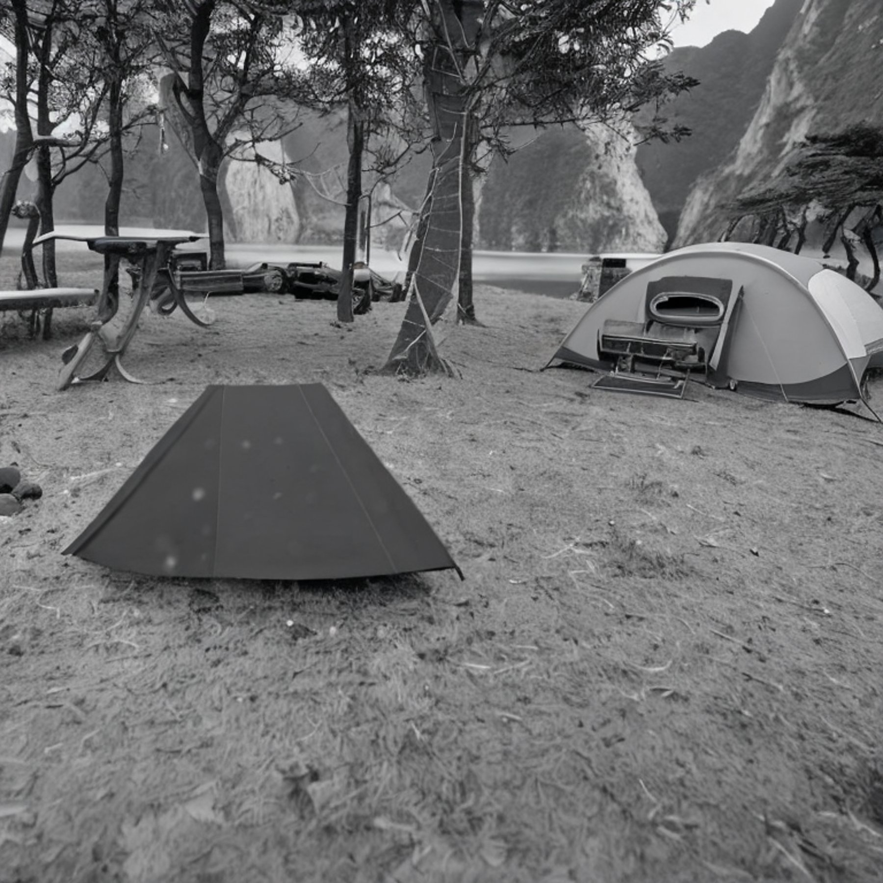 A cozy tent rests on a dirt campsite beneath the snowy night sky of Halong Bay. Overgrown grass surrounds the spot, while a wooden guitar lies nearby and a deer watches from the distance.