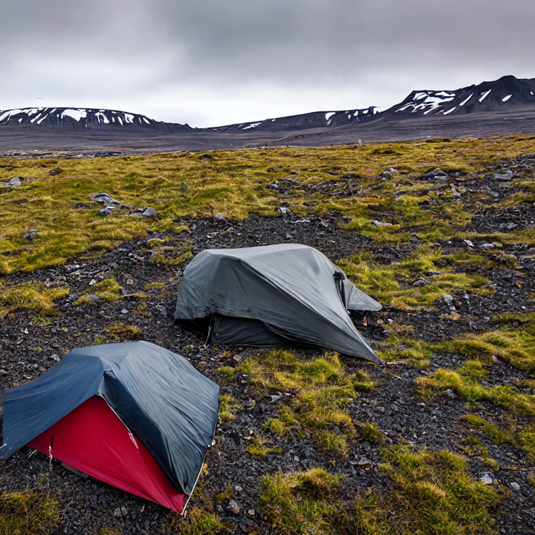 A black tent rests beside a glowing campfire in the snowy Icelandic night. Camping chairs sit on a grassy dirt patch, with tall mountains rising in the background.