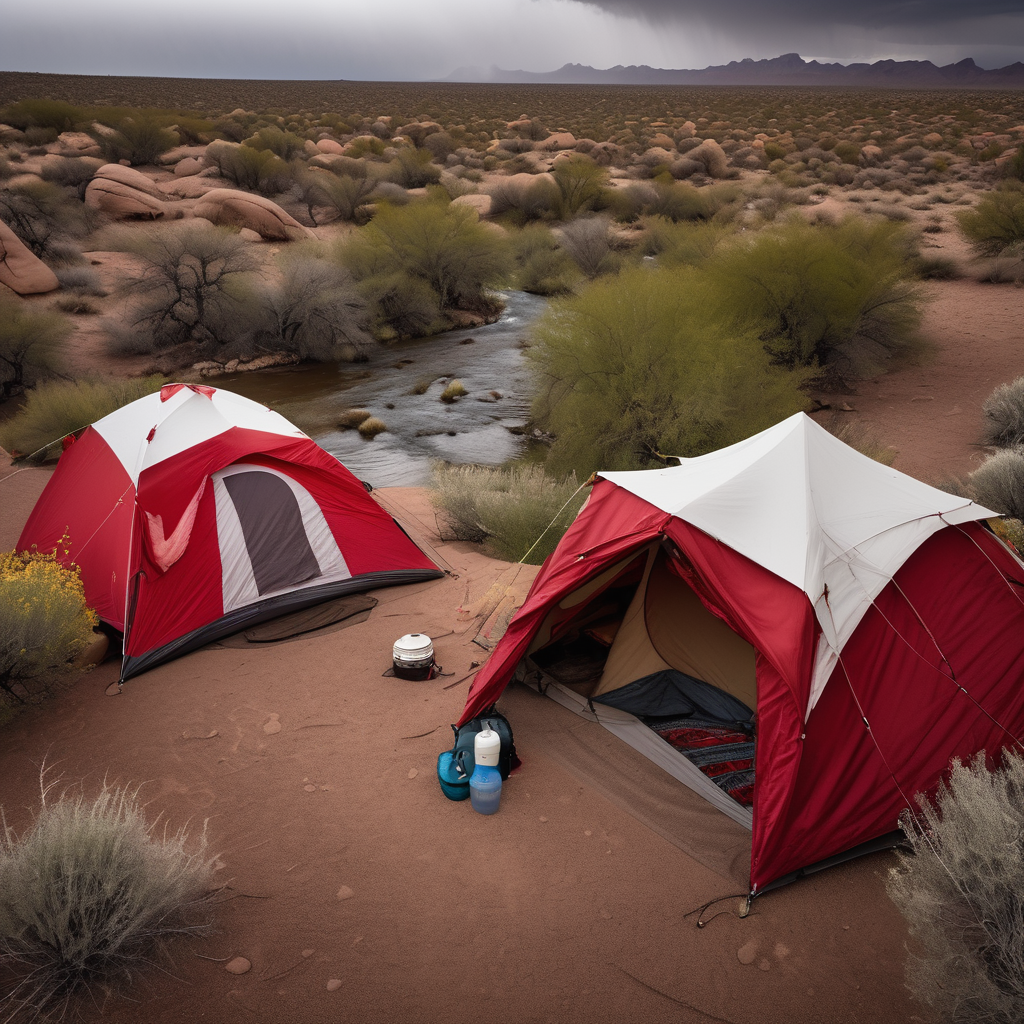 A red-and-white tent rests beside a cool stream at a desert oasis, surrounded by green bushes and bright wildflowers. Clothes hang on a line, while a backpack sits nearby under dark, stormy skies.