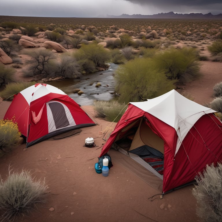 A red-and-white tent rests beside a cool stream at a desert oasis, surrounded by green bushes and bright wildflowers. Clothes hang on a line, while a backpack sits nearby under dark, stormy skies.