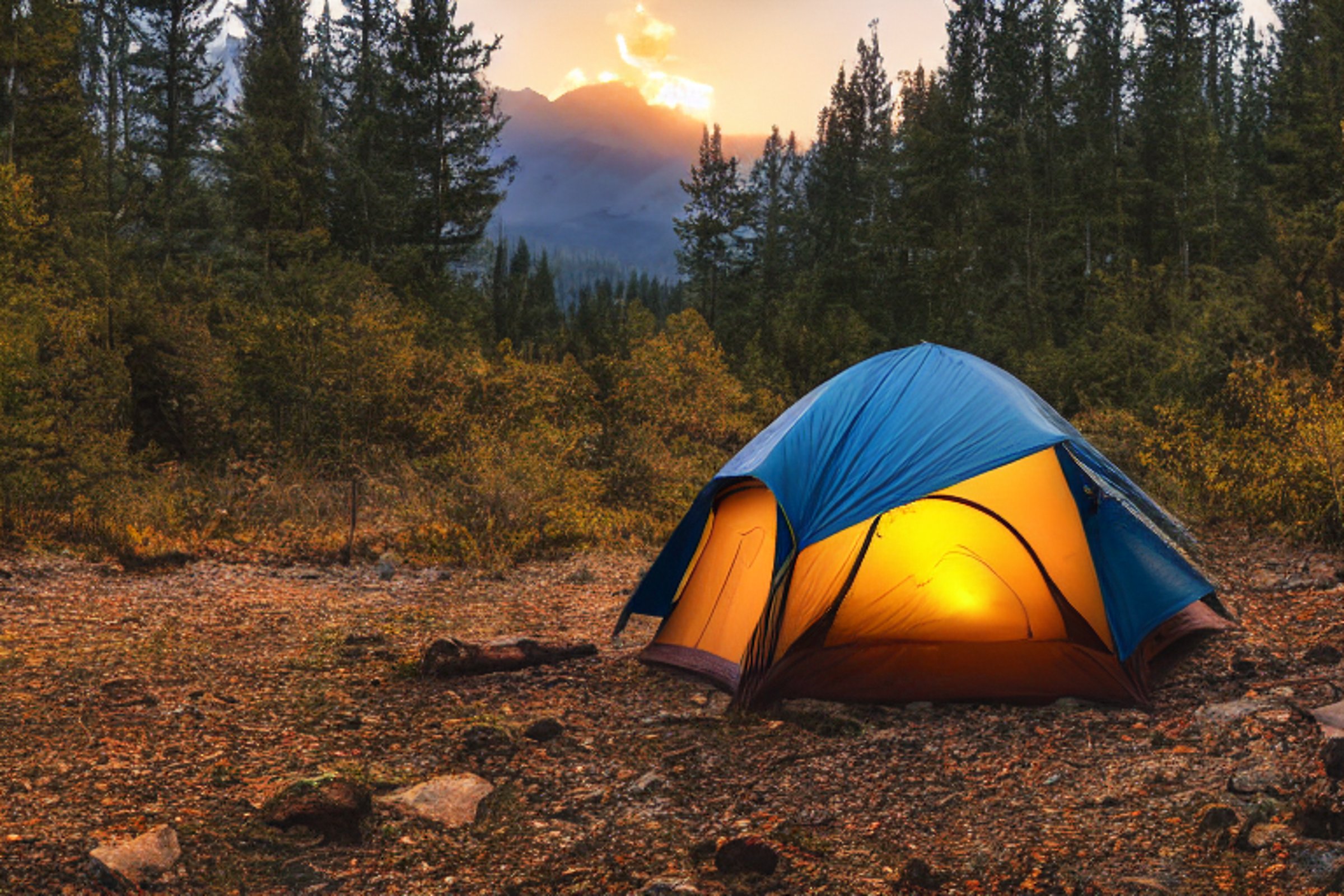 A cozy tent and campfire sit on a rocky dirt patch beside a rushing river. Hikers gather nearby as sunset glows through colorful fall trees, while storm clouds roll overhead. A berry-covered bush adds a bright touch to the wild campsite.