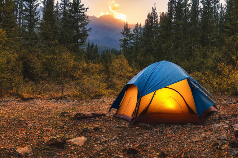 A cozy tent and campfire sit on a rocky dirt patch beside a rushing river. Hikers gather nearby as sunset glows through colorful fall trees, while storm clouds roll overhead. A berry-covered bush adds a bright touch to the wild campsite.