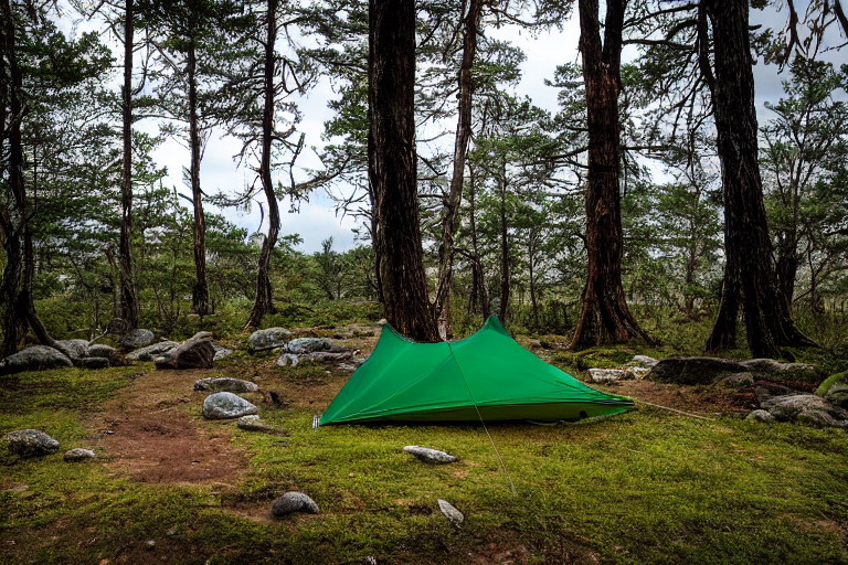 A green tent rests on a paved campsite among ancient, rocky trees. A dirt path winds nearby, and a hammock hangs between the trees. Rainy weather gives the forest a cool, peaceful feeling.