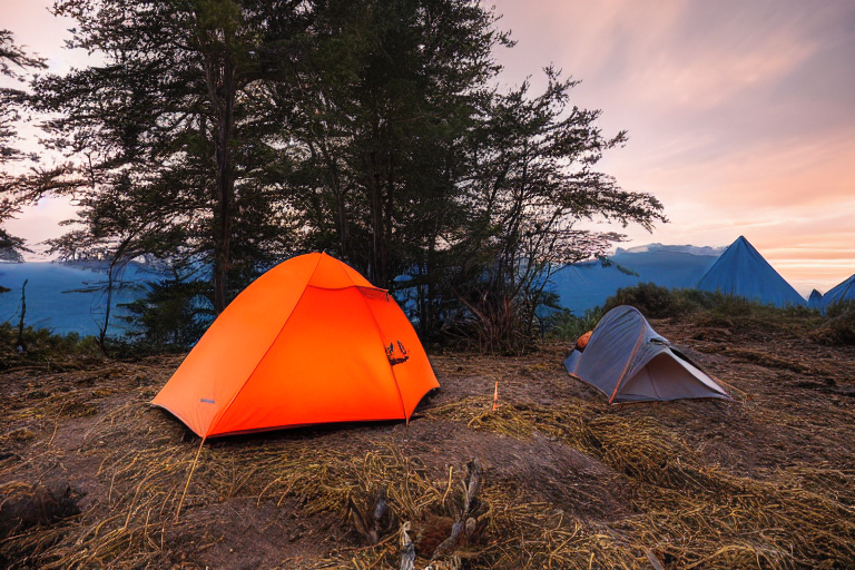 An orange tent glows softly on a quiet beach campsite at sunset. Rainy clouds gather over the ocean and distant mountains, while a backpack and small twig rest on the damp ground nearby.