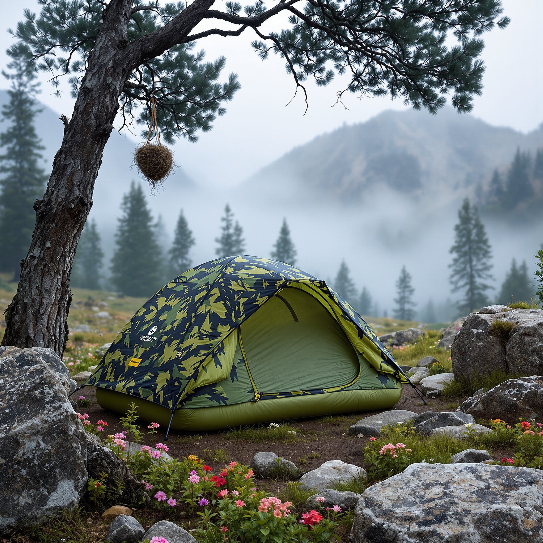A colorful tent sits on soft grass surrounded by wildflowers and big rocks. Misty mountains and tall pine trees make the air feel cool and fresh. It’s a peaceful place to camp and explore nature.