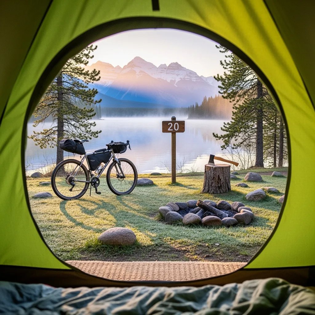 Morning light shines into a bright green yurt, opening onto a quiet forest clearing. Dew sparkles on the grass and stones, and a calm lake reflects the distant mountains. A bike waits by the yurt, and an axe rests in a tree stump near the fire ring, ready for the day’s adventure.