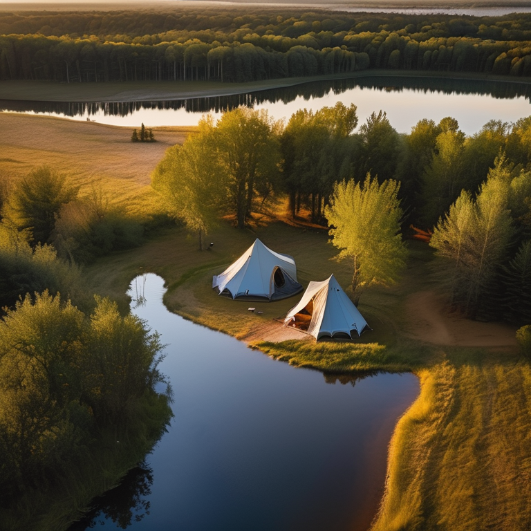 A gray and blue tent rests on a quiet dirt campsite beside a sparkling lake. A small stream winds through the camp, while tall trees and a distant deer add to the peaceful sunset scene.