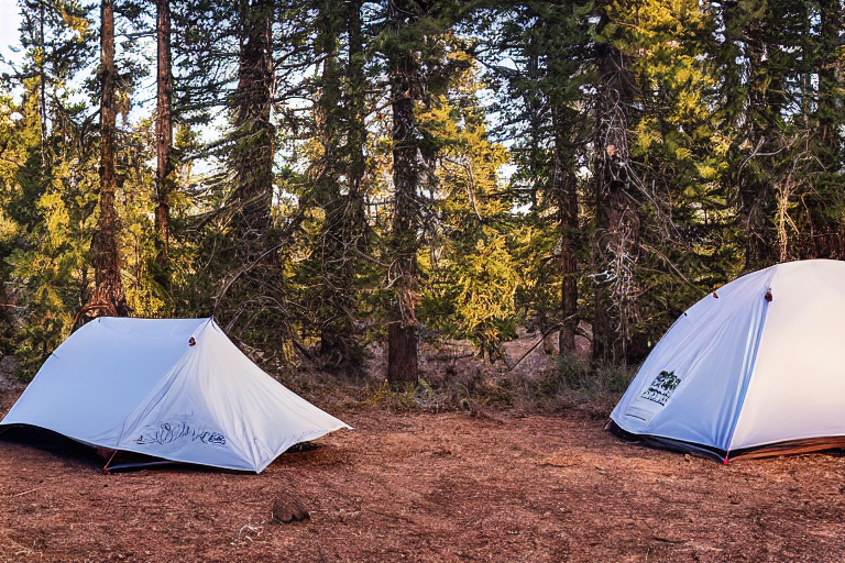 A cozy tent rests beside a paved campsite on the California coast. Tall trees surround the dirt clearing, with a campfire, logs, and picnic table nearby. The setting sun fills the clear sky with warm golden light.