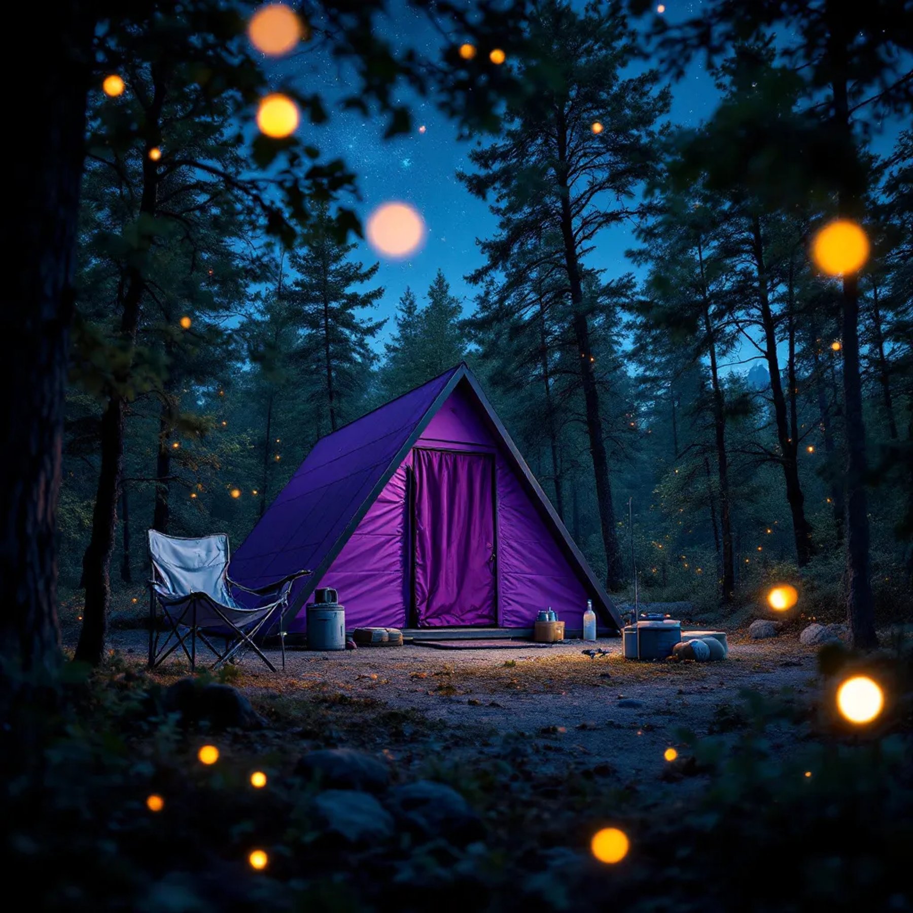 A purple lean-to shelter rests among the trees beneath a cloudy, star-filled sky. Fireflies glow around the campsite, where chairs, camping gear, and a fishing rod wait by the fire. Meteor trails streak above the quiet forest.