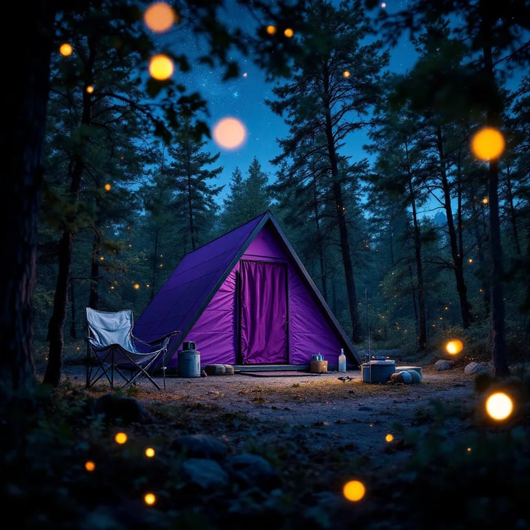 A purple lean-to shelter rests among the trees beneath a cloudy, star-filled sky. Fireflies glow around the campsite, where chairs, camping gear, and a fishing rod wait by the fire. Meteor trails streak above the quiet forest.