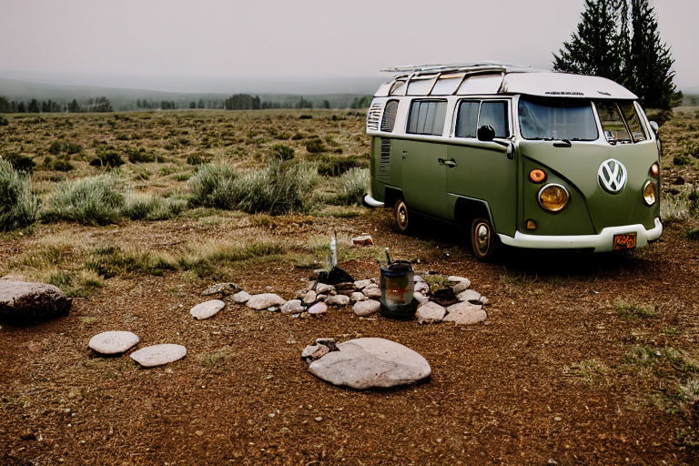 A forest green campervan rests in a quiet Idaho campsite, surrounded by foggy plains and scattered trees. Gravel, fallen leaves, and a large rock add a rustic feel, while a wooden guitar waits nearby.