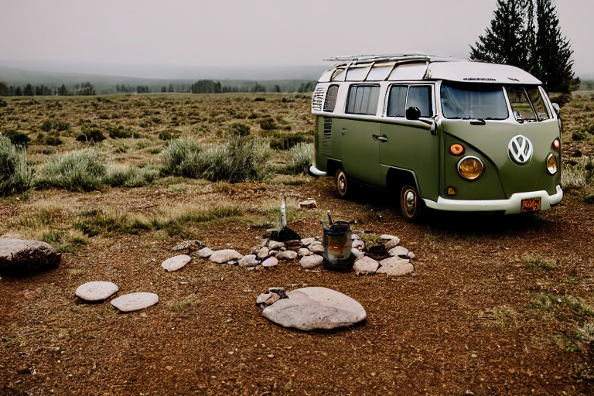 A forest green campervan rests in a quiet Idaho campsite, surrounded by foggy plains and scattered trees. Gravel, fallen leaves, and a large rock add a rustic feel, while a wooden guitar waits nearby.