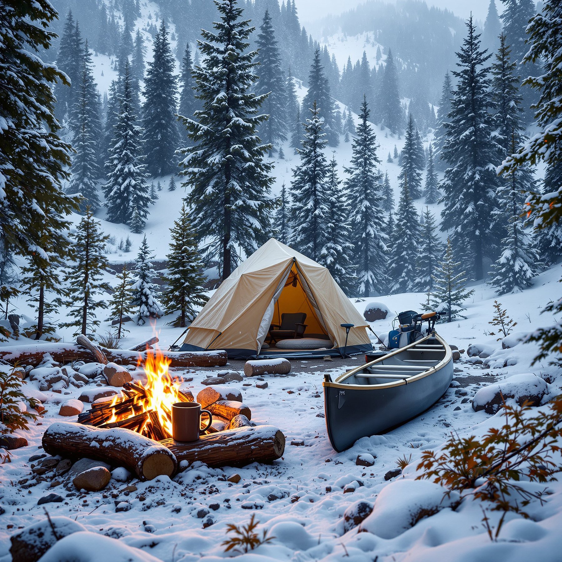 A cozy tent sits in a snowy forest, surrounded by tall pine trees. A warm campfire glows nearby, with a canoe resting in the snow. It feels peaceful and quiet, perfect for a winter adventure.