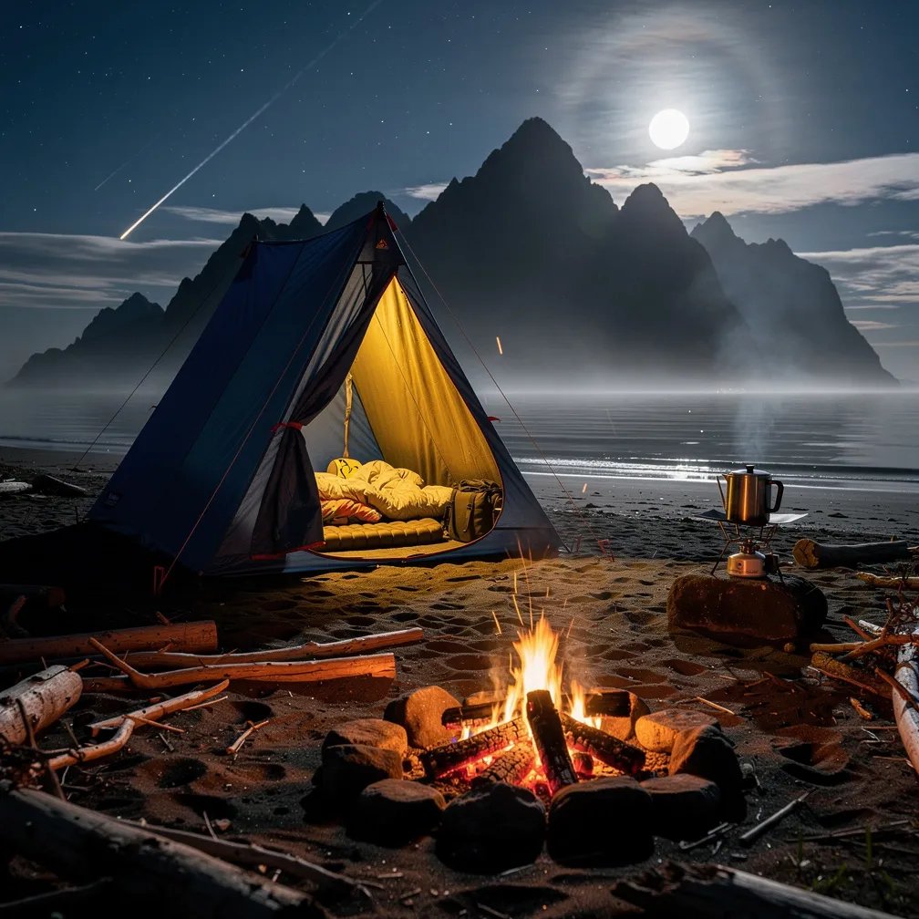 A cozy blue tent-cabin sits on a quiet, wet beach under a misty night sky. A small fire crackles in the sand, and a coffee pot steams on a rock nearby. Moonlight and a few shooting stars glow above dark mountains in the distance.