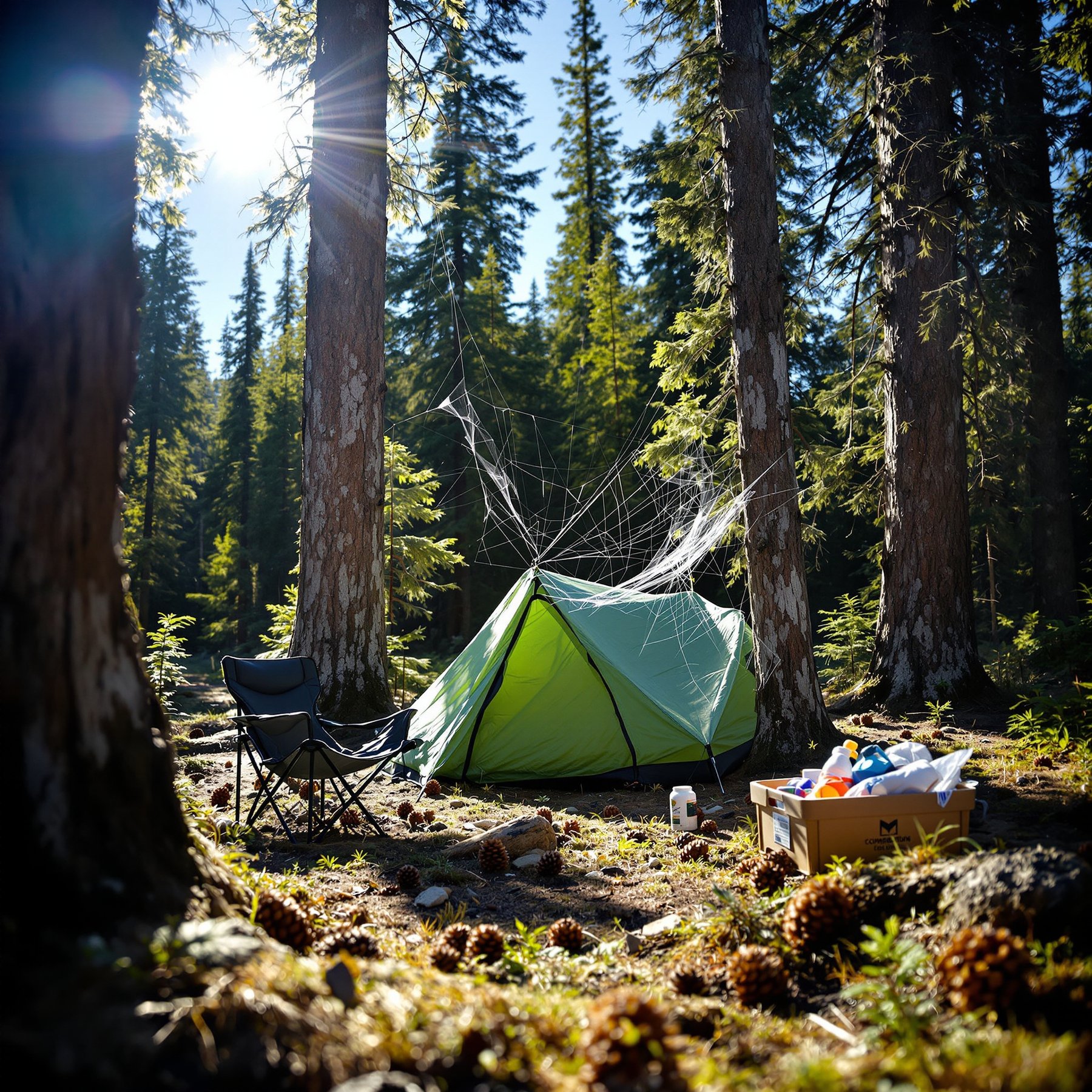 This campsite sits in a sunny forest, surrounded by tall trees and soft pinecones. A green tent and cozy chair invite you to relax in the fresh air. Sunbeams shine through the trees, making everything feel warm and peaceful.