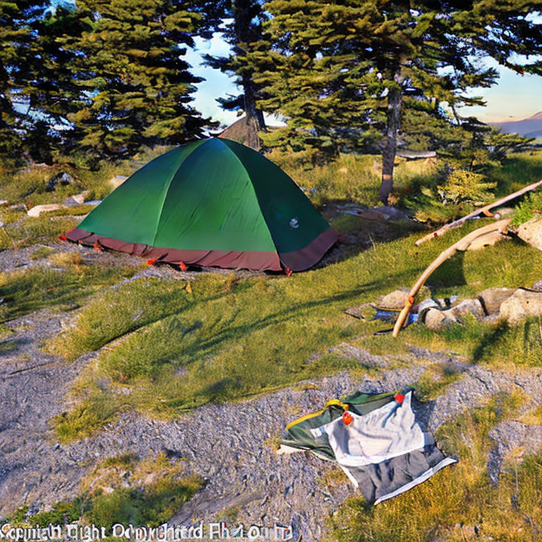A green tent rests in a sunny campsite surrounded by tall grass, bushes, and mountain trees. A warm campfire glows on the dirt as the sun sets, while a hammock hangs nearby. Stone gravel patches add a rustic touch to this peaceful Banff getaway.
