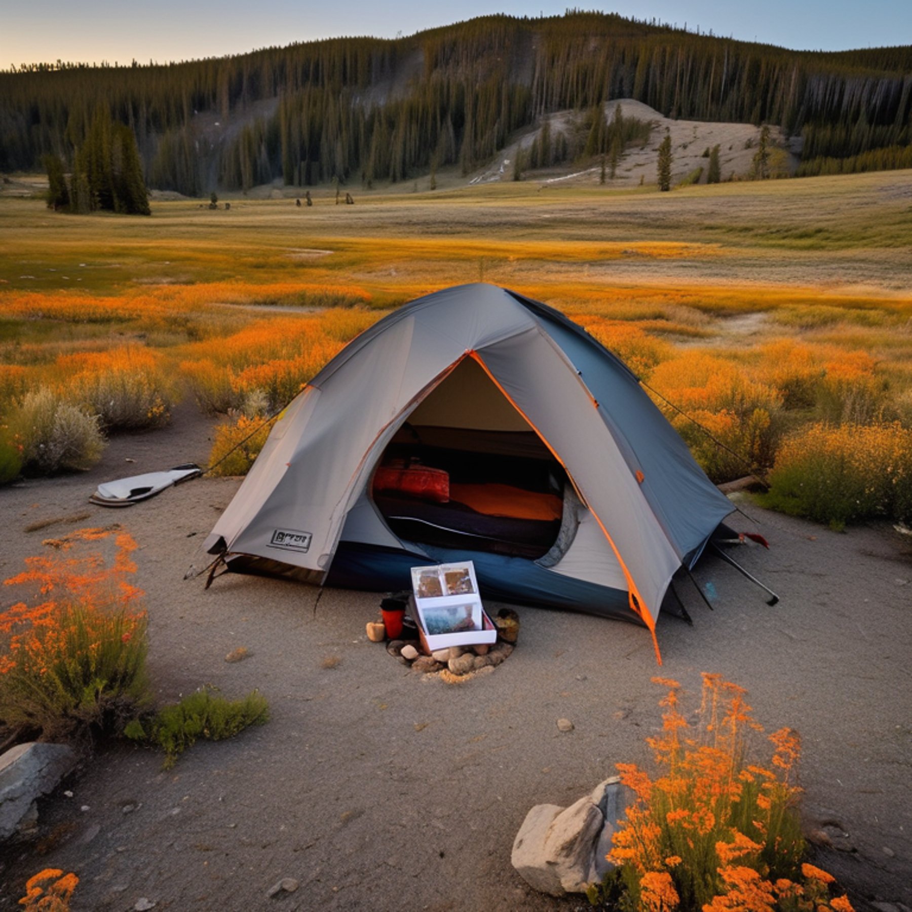 A gray and orange tent rests on a sunny campsite in Yellowstone. Mountains rise in the distance beneath a clear sunset sky, while wildflowers and a box of camping gear add a cozy touch.