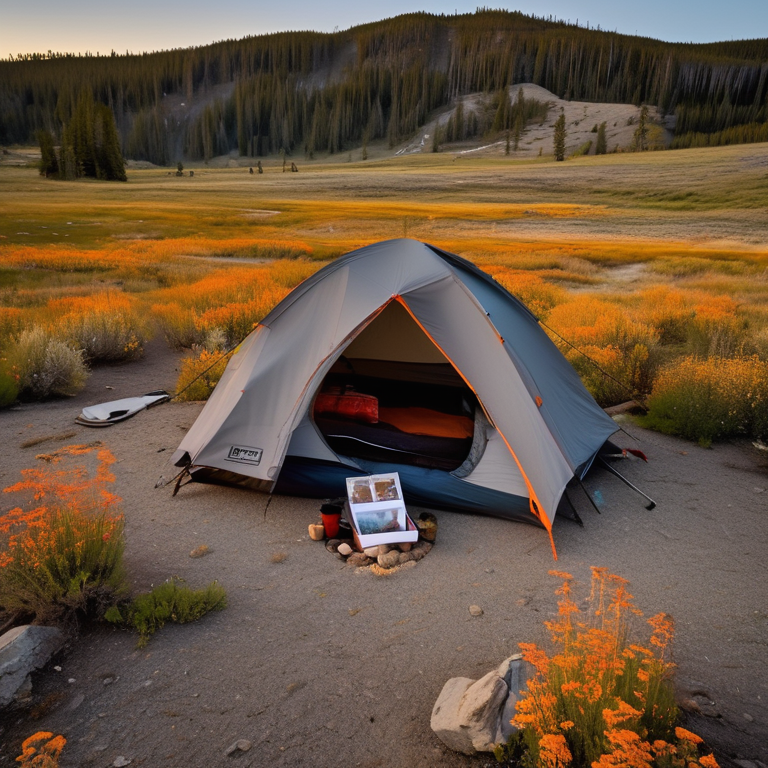 A gray and orange tent rests on a sunny campsite in Yellowstone. Mountains rise in the distance beneath a clear sunset sky, while wildflowers and a box of camping gear add a cozy touch.