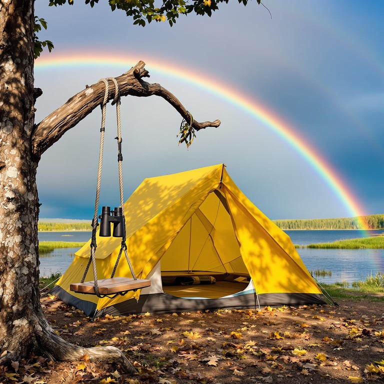 A sunny yellow tent sits by the lake, under a bright rainbow in the sky. A wooden swing hangs from a tree, inviting you to relax and enjoy the beautiful view. It's a perfect spot for fun and adventure in nature!