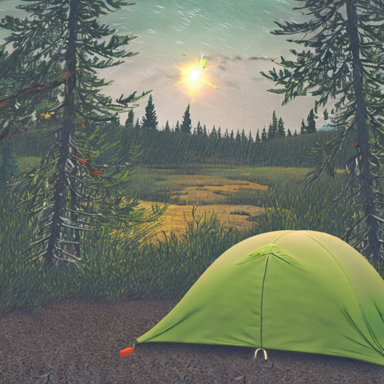 A green tent rests beside a glowing campfire in an overgrown forest clearing. Fall-colored trees frame a steaming hot spring, with a mountain rising in the distance. Stormy clouds drift across the starry night sky.