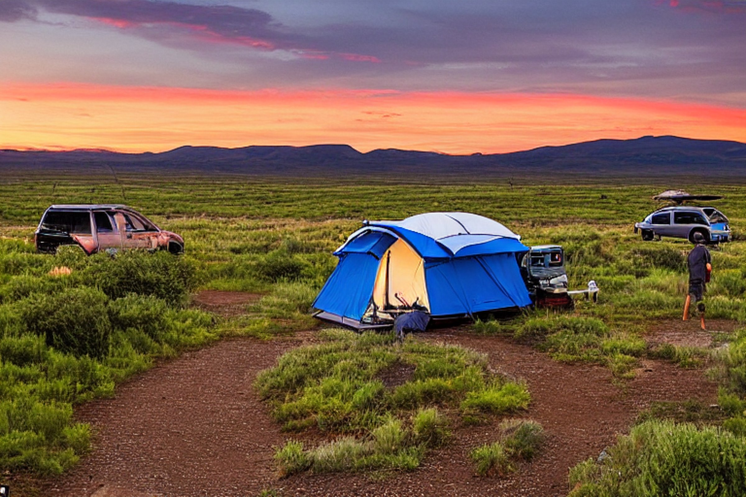 A blue Subaru with a rooftop tent rests at a quiet campsite on the Idaho plains. A hiking path winds through ferns, while the setting sun fills the clear sky with warm light. Nearby, a camping stove is ready for an evening meal.