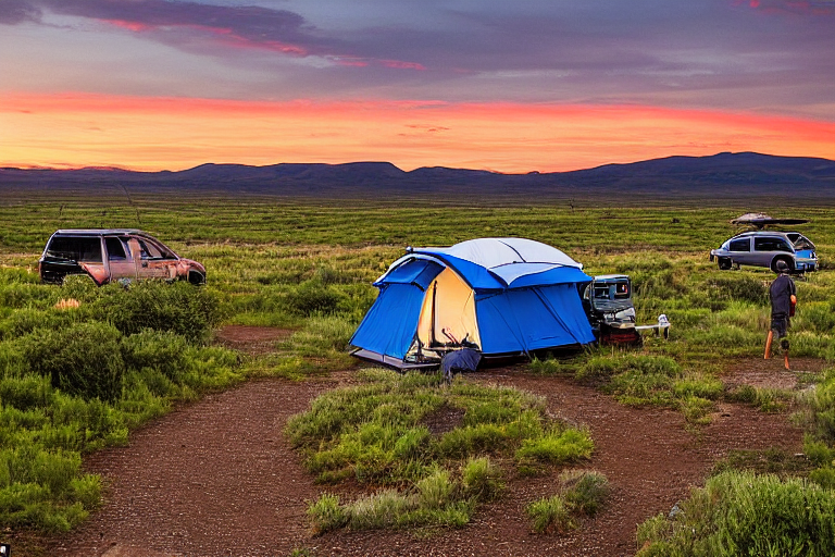 A blue Subaru with a rooftop tent rests at a quiet campsite on the Idaho plains. A hiking path winds through ferns, while the setting sun fills the clear sky with warm light. Nearby, a camping stove is ready for an evening meal.