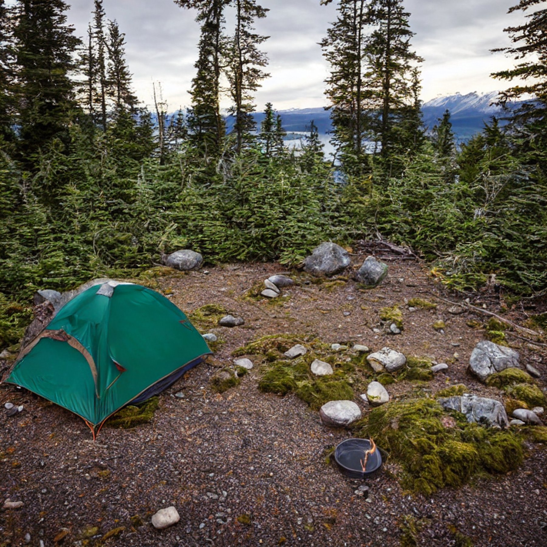 A green tent rests in a quiet forest clearing on Vancouver Island. Nearby, a warm campfire glows among stone rings and logs. Rolling hills, berry bushes, and bright northern lights fill the peaceful night sky.
