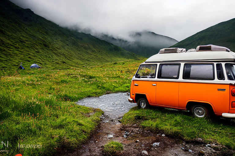 A grey and orange campervan rests in a peaceful campsite in India’s Valley of Flowers. Tall grass, a small flowing stream, and a glowing lantern create a cozy sunset mood. A box of camping gear sits nearby on the dirt.