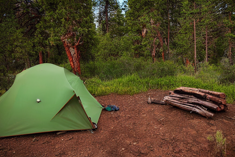 A green tent rests on a quiet dirt campsite beneath a star-filled, stormy sky in Capitol Reef National Park. Berry bushes and a large log sit near the warm campfire, with a parking spot nearby.
