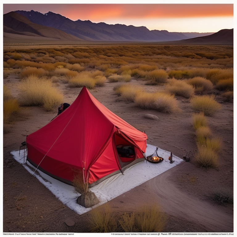 A bright red tent rests beside a hot spring at a snowy campsite. Hikers gather near camping chairs as a dirt path winds through tall grass. Dusk light gives the peaceful scene a warm, quiet glow.