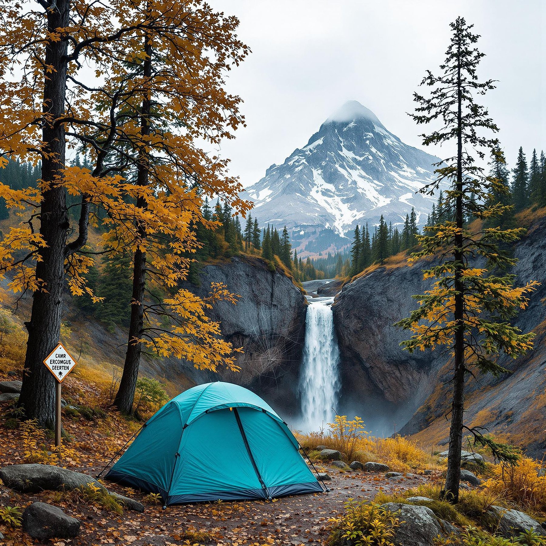 Nestled between tall, golden trees, the campsite offers a breathtaking view of a tall waterfall cascading down rocky cliffs. A majestic snow-capped mountain stands proudly in the background, surrounded by lush green forests. This serene spot is perfect for an adventurous escape into nature's beauty.