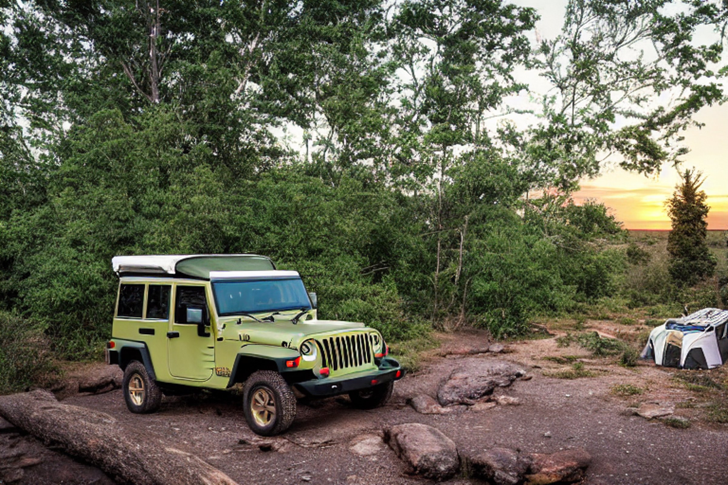 A green and tan Jeep with a rooftop tent rests beside a quiet stream in a petrified forest. Ferns, berry bushes, and tall trees surround the muddy campsite. Soft golden light shines through the rainy air, creating a cozy wild escape.