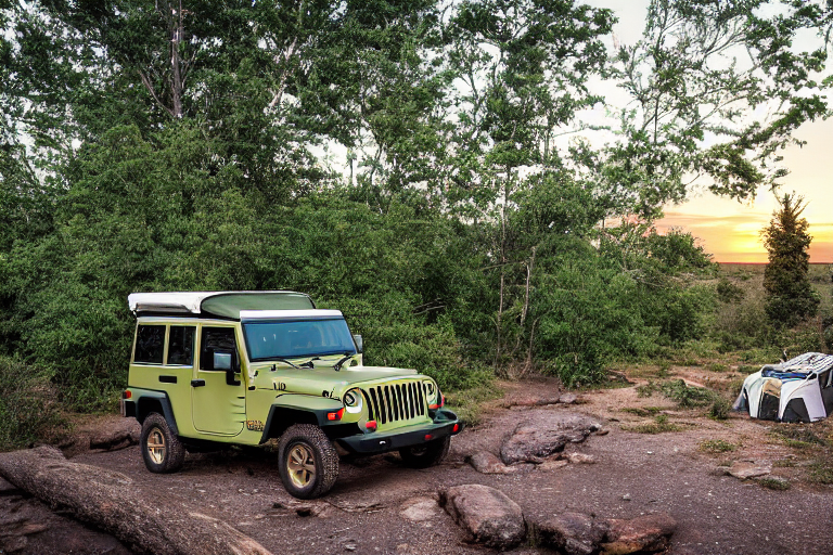 A green and tan Jeep with a rooftop tent rests beside a quiet stream in a petrified forest. Ferns, berry bushes, and tall trees surround the muddy campsite. Soft golden light shines through the rainy air, creating a cozy wild escape.