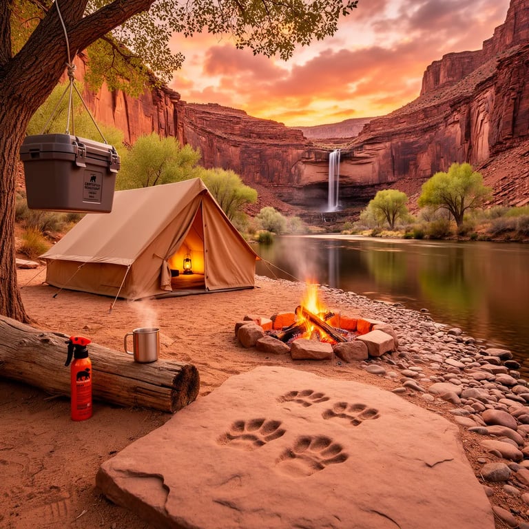 A cozy tan tent glows softly beside a calm desert river at sunset. Red rock cliffs shine orange in the fading light, and a tiny waterfall trickles into the water. A small campfire flickers near a metal mug on a log, while a food container hangs safely from a tree. Fossil footprints in the sandstone hint at ancient creatures that once walked here.